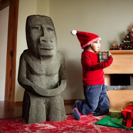 Image similar to a kid at christmas disappointed and sad that his present was a giant moai statue | inside of a house next to a christmas tree