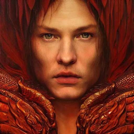 Image similar to the red dragon | highly detailed oil painting, hyperrealistic, very intrincate | cinematic lighting, award - winning | by roberto ferri, gustav klimt, william waterhouse and tom bagshaw | by austin osman spare and william blake, trending on artstation, cgsociety, official art, octane.