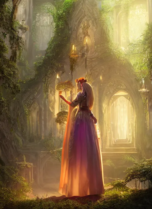 Image similar to Beautiful art portrait of Melissa Rauch as a fantasy gothic priestess in a bright temple surrounded by lush forest, atmospheric lighting, intricate detail, cgsociety, hyperrealistic, octane render, RPG portrait, ambient light, dynamic lighting