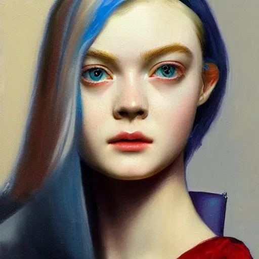 Prompt: a striking hyper real painting of cyberpunk Elle Fanning by Johannes Vermeer