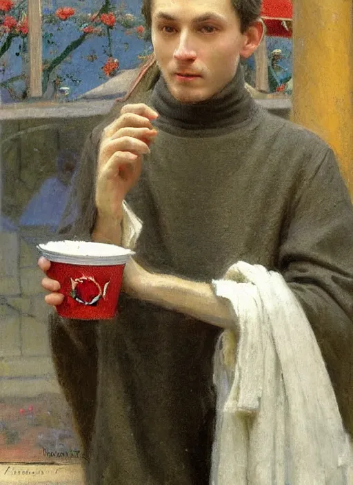 Prompt: a 1 4 th century monk wearing a turtle neck sweater at a mcdonalds by vladimir volegov and alexander averin and pierre auguste cot and delphin enjolras