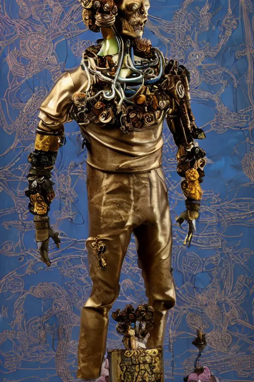 Image similar to full-body cyberpunk style bronze statue of a young handsome Spanish prince half android with a chest opening exposing circuitry and a sparking motherboard, glowing blue eyes, crown of peach roses, flowing teal-colored silk, fabric, flowers. baroque elements, human skull. full-length view. baroque element. intricate artwork by caravaggio. many many birds birds on background. Trending on artstation, octane render, cinematic lighting from the right, hyper realism, octane render, 8k, depth of field, 3D