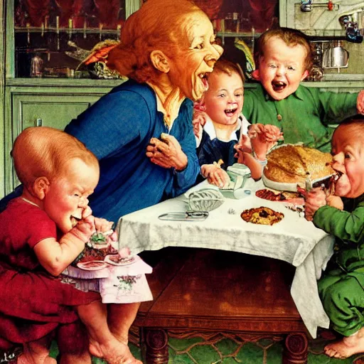 Image similar to hyper realistic hight detailed grandmother with a big mouth eating babies and william blake on the table in the russian kitchen, by norman rockwell, bright colors, 4 k, 1 6 k, 3 2 k, photorealistic, cartoon style