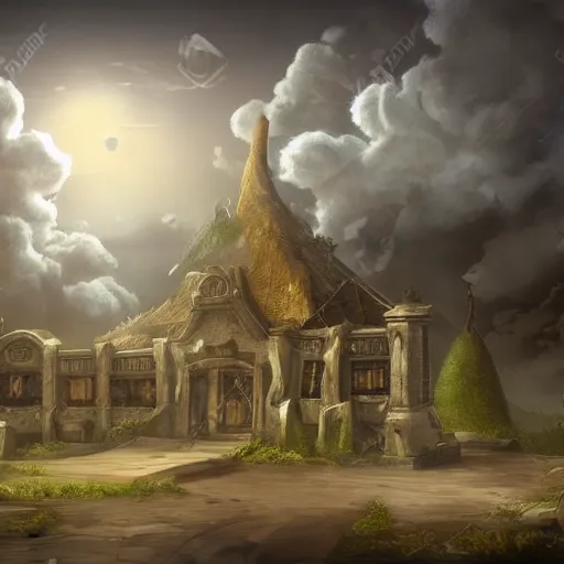 Prompt: Mysterious library with clouds near the floor, fantasy art