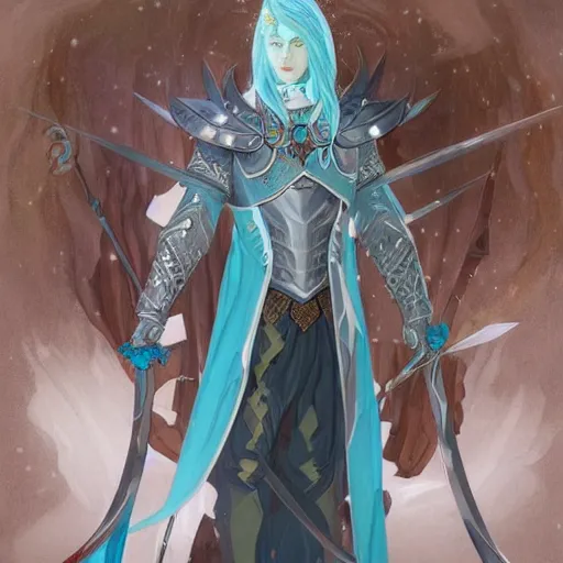 Prompt: an epic concept art of a handsome snow elf in a turquoise cape and silver armour, bow and arrow, albino skin, winter vibes, elegant, very coherent symmetrical artwork, rule of thirds, by ralph hosley and alphonse mucha and charlie bowater, sharp focus, trending on artstation