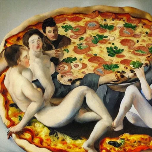 Image similar to “a painting of the style of Manet of a bunch of people on pizza”