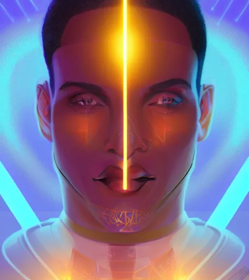 Image similar to symmetry!! egyptian prince of technology, solid cube of light, hard edges, product render retro - futuristic poster scifi, lasers and neon circuits, brown skin man egyptian prince, intricate, elegant, highly detailed, digital painting, artstation, concept art, smooth, sharp focus, illustration, dreamlike, art by artgerm