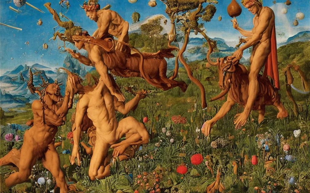 Image similar to a portrait photograph of a meditating satyr and a centaur monk riding a rocket machine and hunting at a river delta. surrounded by bulbous flowers and trees. mountain range under a blue sky of fiery stars. by jan van eyck, max ernst, ernst haeckel, ernst fuchs and artgerm, cgsociety, fashion editorial, 8 k