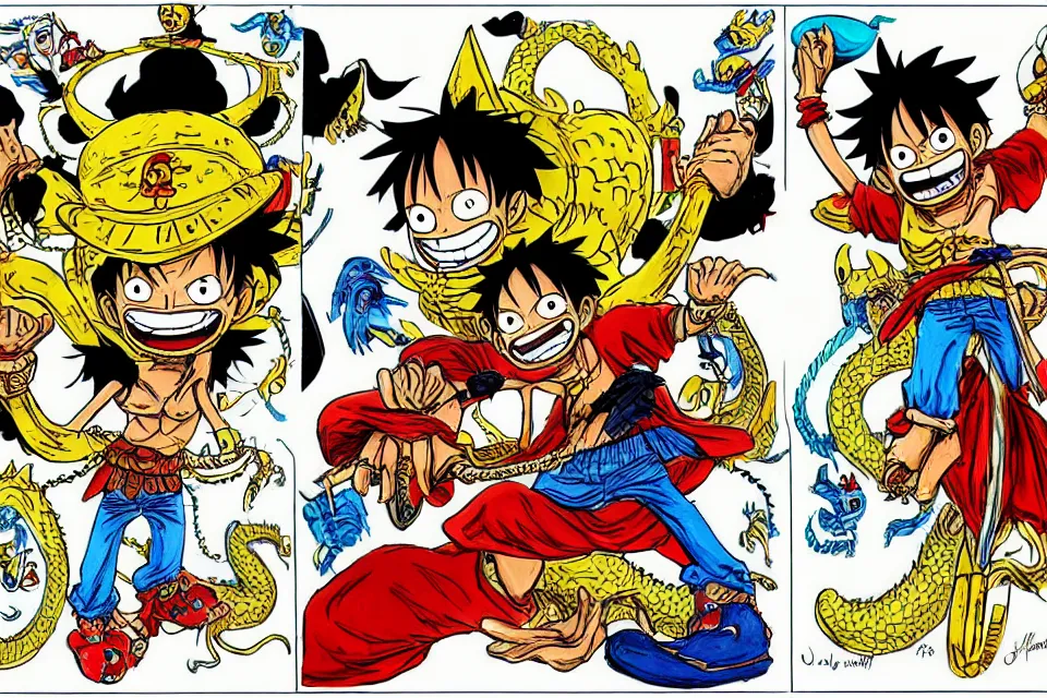 Image similar to concept sketches of luffy wearing a gold crown riding a large dragon by jamie hewlett, in the style of megaman, micro detail