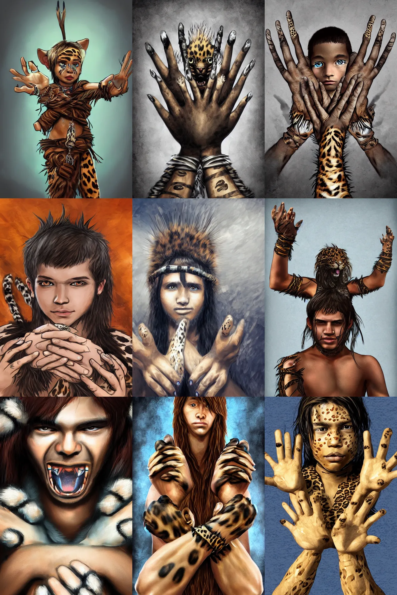 Prompt: digital art of closeup tribal boy with long hair, leopard paws with claws on hands as gauntlet, showing his paws to viewer, artstation