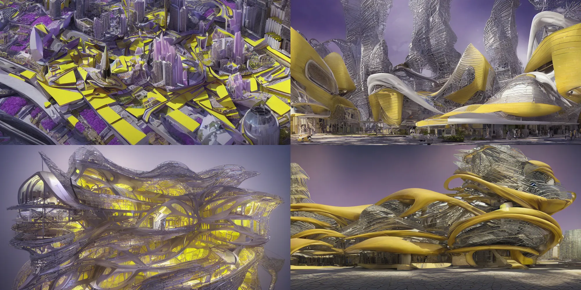 Prompt: a beautiful hyper realistic photograph, octane render, architectural render of steampunk, by norman foster + zaha hadid, extremely detailed, chartpak ad markers, pastel color, yellow and purple color scheme, 8 k,