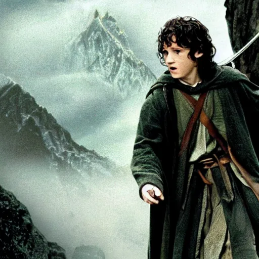 Prompt: the lord of the rings but frodo is really tall