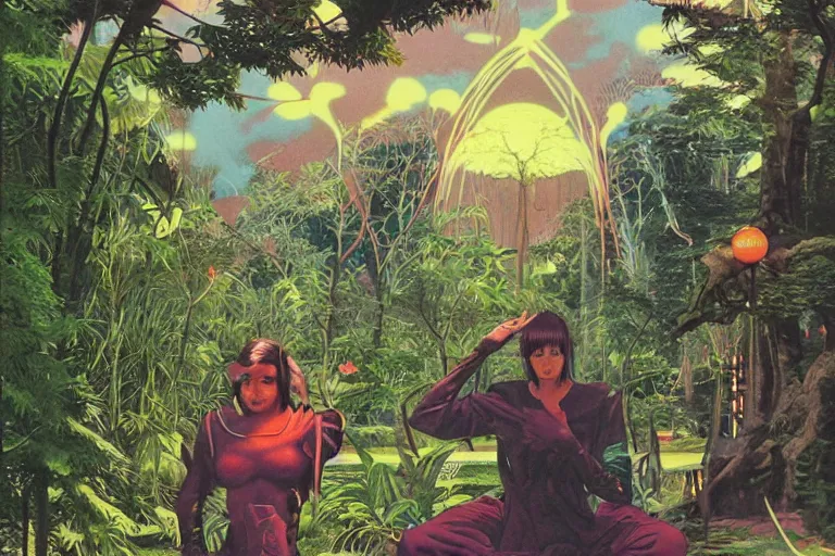 Image similar to 1979 OMNI Magazine Cover of a nature Druid elf At a Garden park in Neo-Tokyo in cyberpunk style by Vincent Di Fate