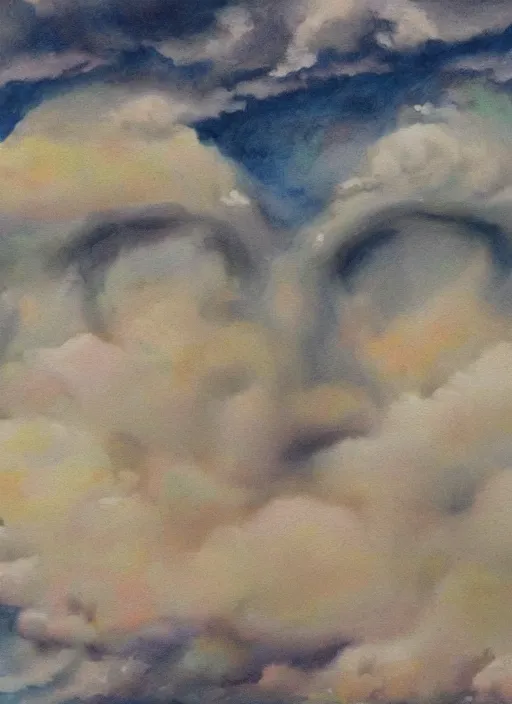 Image similar to a painting of faces of old indigenous people embedded in the clouds in the sky