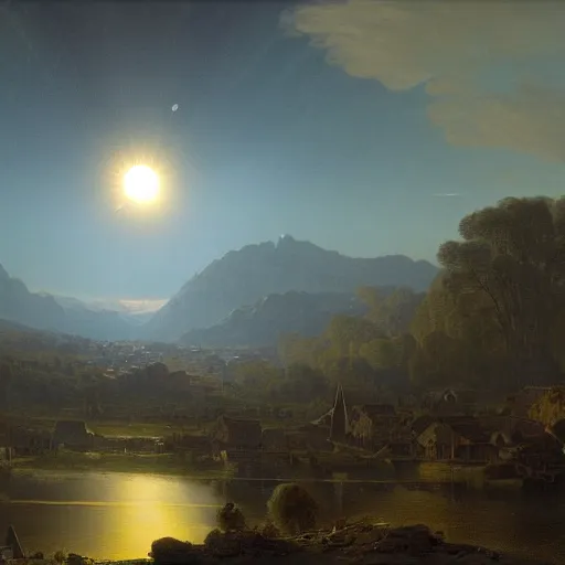 Image similar to dark solar eclipse, above a village, highly detailed, studio 4 k quality, by alexandre calame