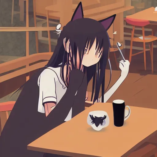 Prompt: anime cute girl with cat ears and cat tail sitting in a cafe looking at camera, moescape, studio ghibli, digital art, clean lines, cartoon