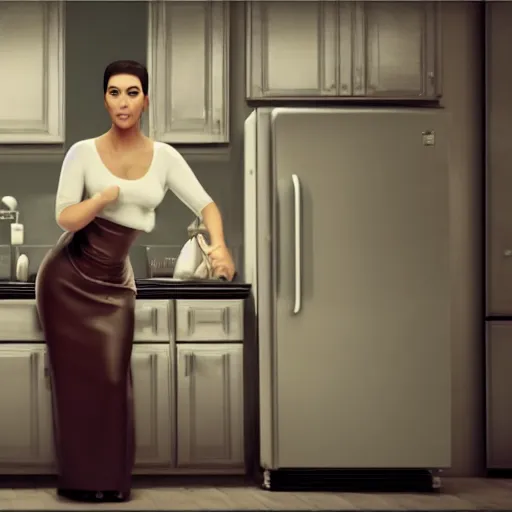 Image similar to kim kardashian fixing a fridge and in a dirty kitchen, 1 9 0 0, photorealist, ultra hd, unreal engine