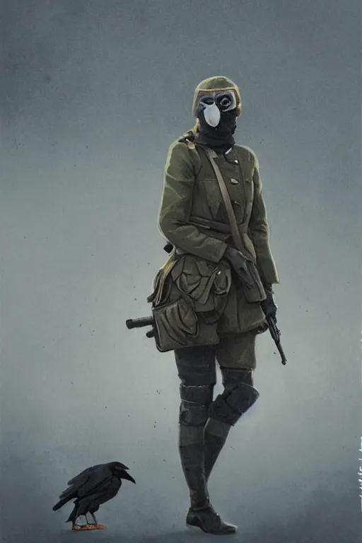 Prompt: ww 1 british sas female masked operative with the standard black uniform and a white porcelain crow mask, artstation, trending on artstation, establishing shot, by simon stalenhag