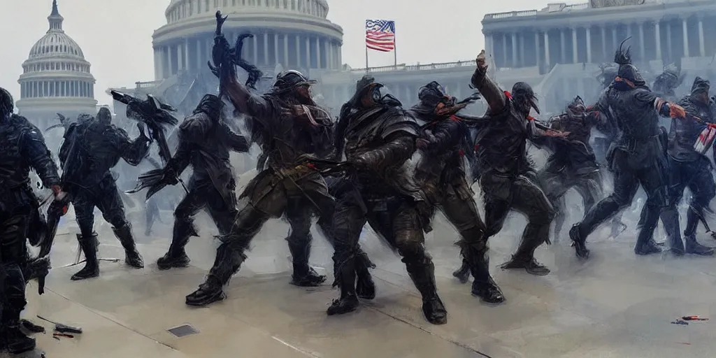 Image similar to character art by ruan jia, man rams barricade at the us capitol as capitol police descend