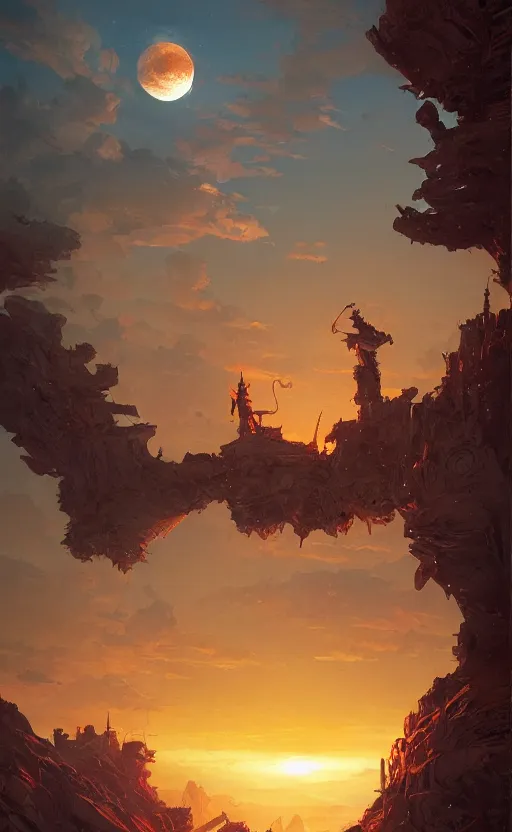 Image similar to a beautiful artwork illustration, a kingdom on the moon at sunset, high contrast, high saturation, by Greg Rutkowski and Jesper Ejsing and Raymond Swanland, featured on artstation, wide angle, vertical orientation