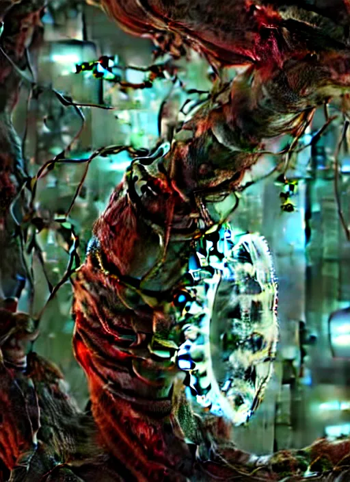 Prompt: intricate mechanical translucent apple with visible gears and components inside, growing off a tree, on the background of a weird magical mechanical forest. Very detailed 8k. Fantasy cyberpunk horror. Sharp. Cinematic post-processing