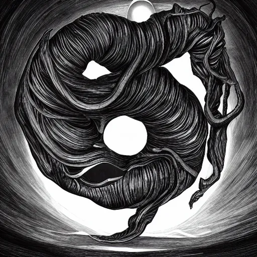 Image similar to eldritch worm swallowing the sun, noir, terror, 4 k, digital art