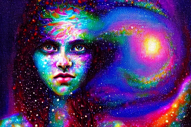 Image similar to girl finding spiritual freedom in psychedelic LSD rain with wet hair and face, morphing to stary complex spiral galaxy, fantasy, intricate, elegant, dramatic lighting, emotionally evoking symbolic metaphor, highly detailed, lifelike, photorealistic, digital painting, artstation, concept art, smooth, sharp focus, illustration, art by John Collier and Albert Aublet and Krenz Cushart and Artem Demura and Alphonse Mucha