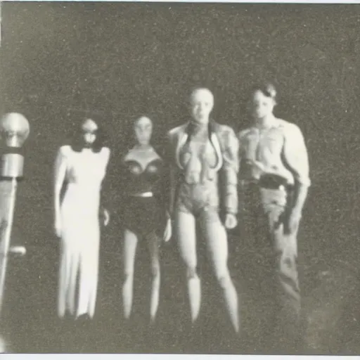 Image similar to polaroid photograph of horrorific extraterrestrial beings visiting earth, 1 9 5 0