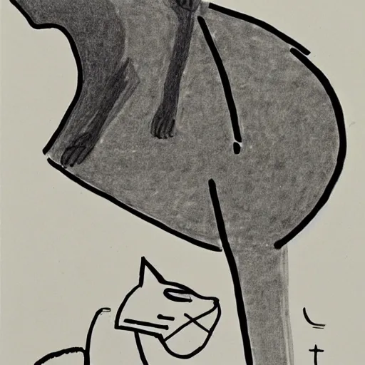 Image similar to saul steinberg drawing of a sphinx playing with a cat.