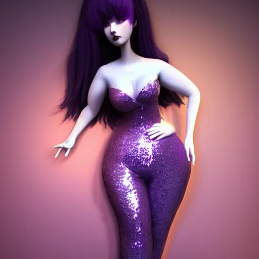 Image similar to a curvy feminine pale goth cutie with a thin waist in a tight purple-grey-white seductive sequined outfit, cgsociety, photorealistic, sublime-comforting ambience, 16k, smooth, sharp focus, trending on ArtStation, volumetric lighting, fully clothed, worksafe