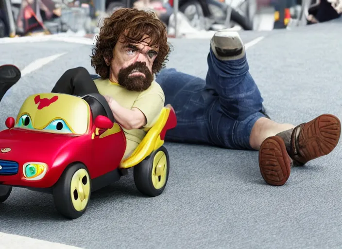 Image similar to peter dinklage tikes cozy coupe, movie still, from the new the wrestler movie, 8 k, realistic