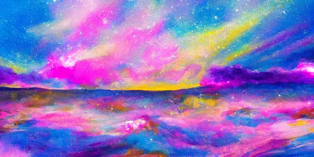 Prompt: landscape, pink, yellow, blue, hyper realism, night sky, sparkle