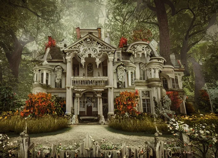 Image similar to A haunted Mansion in the middle of the woods, evil, demonic, enchanting, angelic, flowers, nature, city, symmetry, environment concept, cinematic, Rendered in Octane, trending on artstation, cgsociety, moody lighting rendered by octane engine, environment 8K artstation, cinematic lighting, intricate details, 8k detail post processing, hyperealistic, octane render, photo realism, visually inspired by Blade Runner 2049