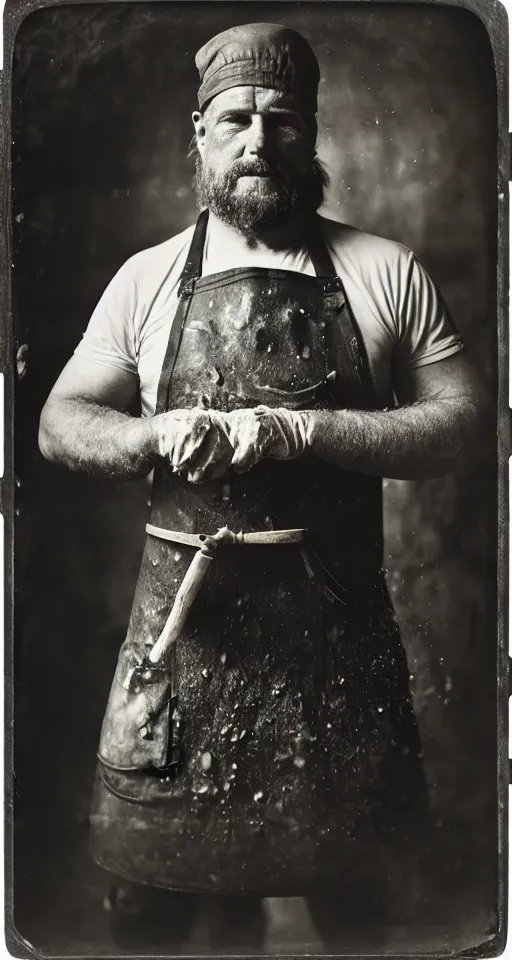 Image similar to a wet plate photograph, a portrait of a burly blacksmith in his apron