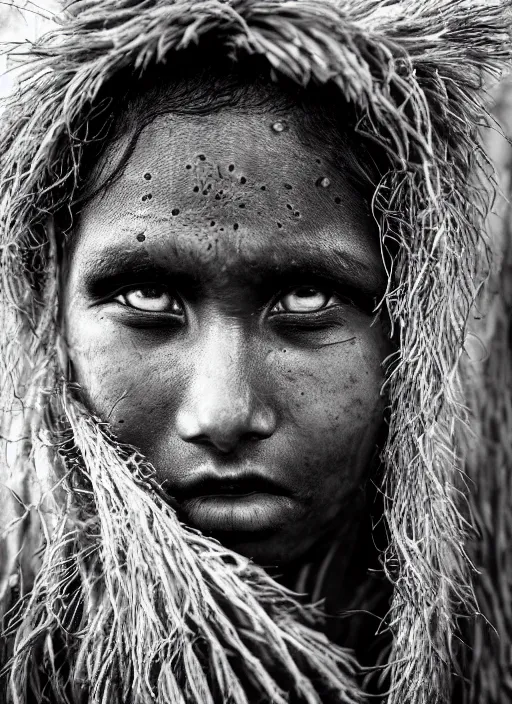 Image similar to Award winning Editorial photo of a Native Nauruans with incredible hair and beautiful hyper-detailed eyes wearing traditional garb by Lee Jeffries, 85mm ND 5, perfect lighting, gelatin silver process