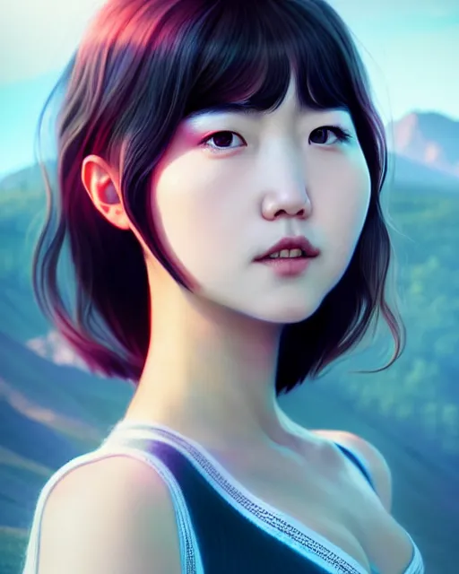 Image similar to realistic movie poster portrait photo : : of yerin baek by weta, marvel : : by wlop, ilya kuvshinov, rossdraws, artgerm, artstation, unreal engine : : rave makeup, pearlescent, sunny day, blue sky, vogue cover : :