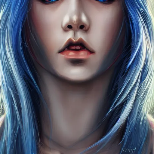 Image similar to full face shot of rimuru tempest, sky blue straight hair, long bangs, with amber eyes, wearing a fancy black jacket, high collar, beautiful, ultra detailed, brush strokes, digital painting, cinematic, wlop artstation, closeup, pixiv, intense, intimidating glare, photorealistic, overpowering, rossdraws, andy warhol,