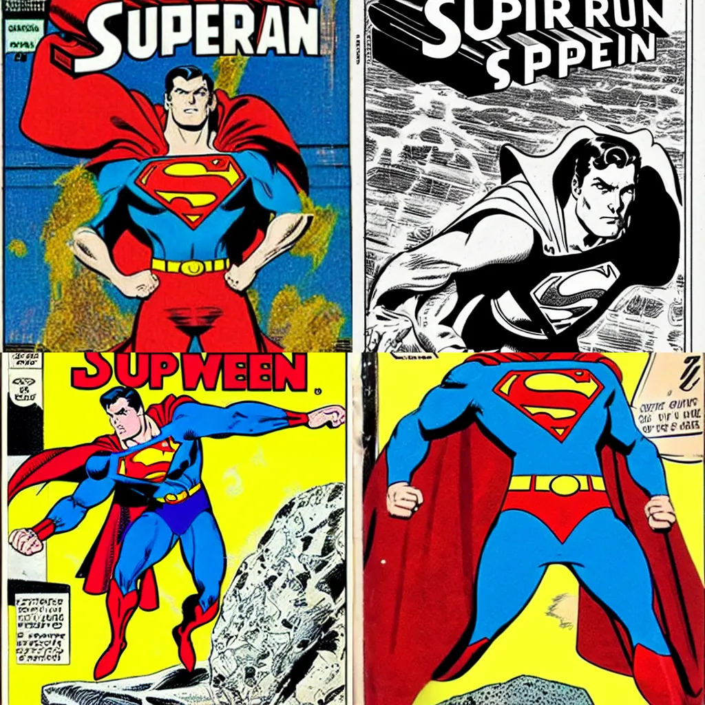 Prompt: a cover of a superman comic from the silver age of superman eating a rock, drawn by wayne boring