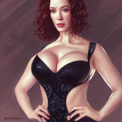 Image similar to christina hendricks in a black swimsuit, intricate, elegant, highly detailed, digital painting, artstation, concept art, smooth, sharp focus, illustration, art by artgerm and greg rutkowski