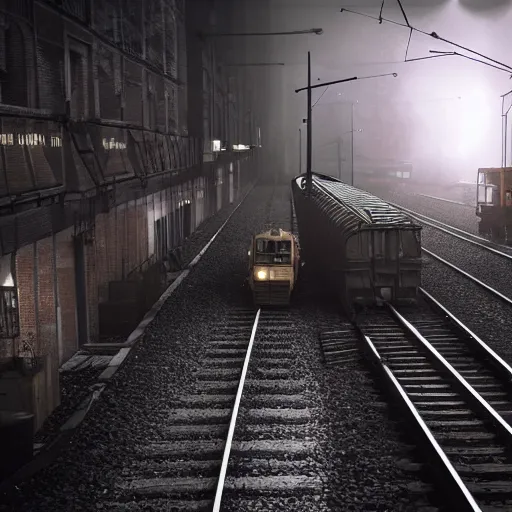 Prompt: locomotive arriving to train station in a horror city. black metal. nightmarish, horrific, scary, atmospheric, epic scene, unreal engine render, octane render