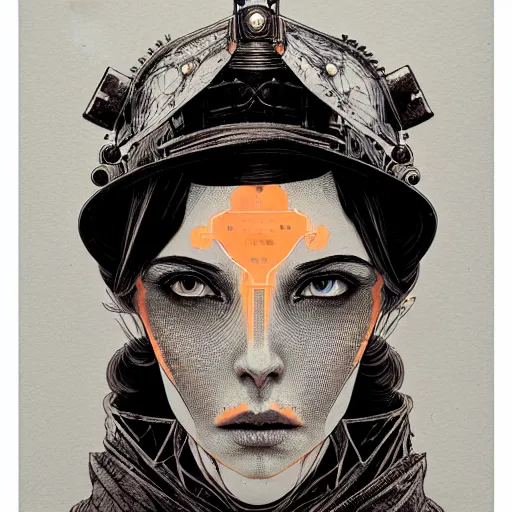 Image similar to portrait top light, by killian eng and joe fenton and martin deschambault and conrad roset, inspired by victorian steampunk, orange and grey only, etching and paint wash, fine sharp high detail,