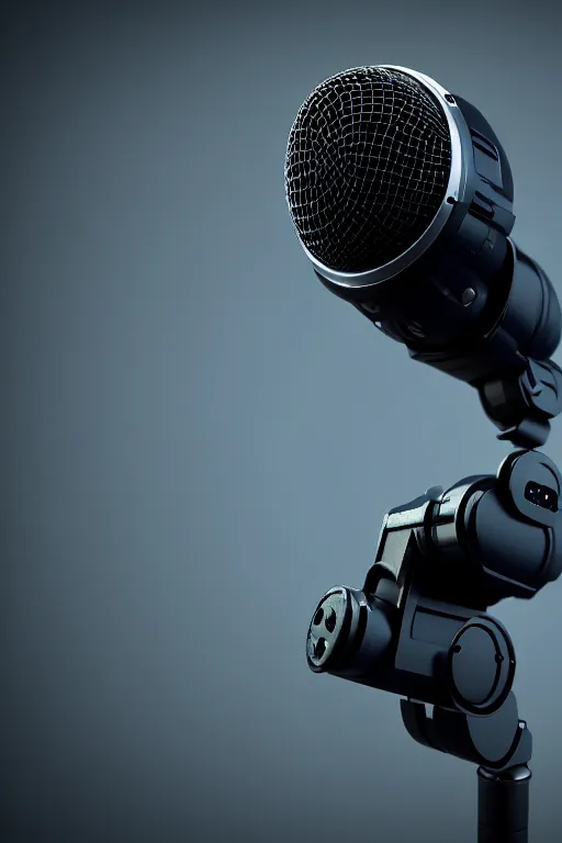 Image similar to high quality 3 d render shure 5 5 s microphone next to very cute cyborg crow!, cyberpunk highly detailed, unreal engine cinematic smooth, in the style of blade runner & detective pikachu, hannah yata charlie immer, moody light, low angle, uhd 8 k, sharp focus