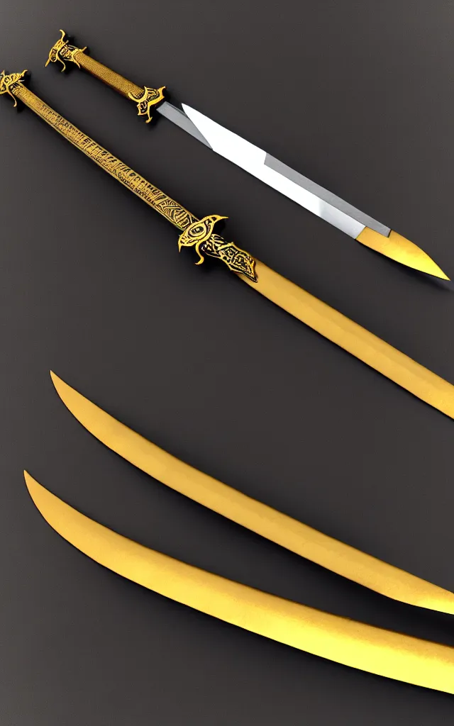 Image similar to very large detailed long sword, proportional image, clean background, 3 d octane render, blade, sharp, gold, gems,