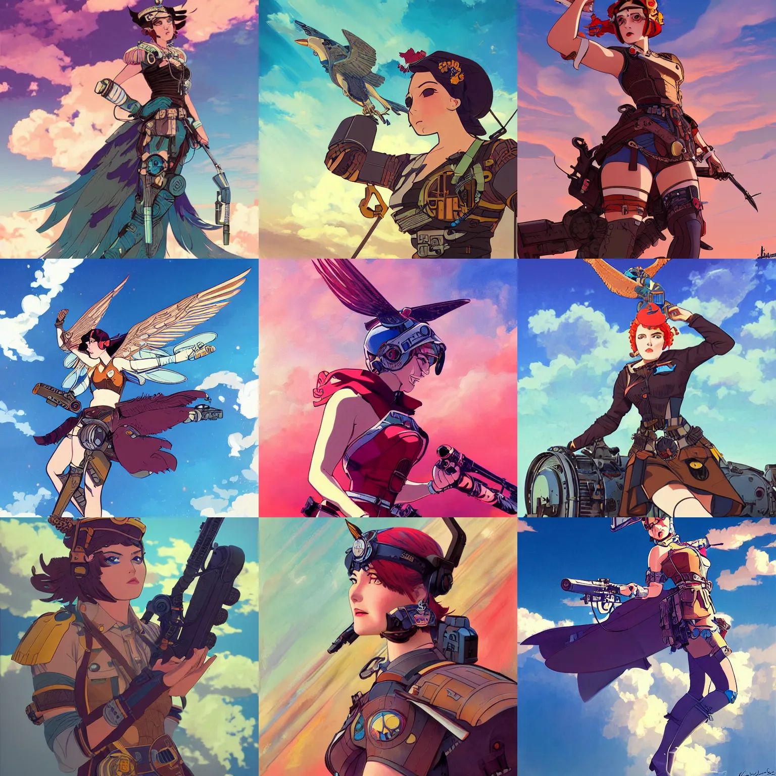 Prompt: a dieselpunk valkyrie taking flight into a vibrant sky, ilya kuvshinov face, highly detailed, cel shading, digital painting, photoshop, in the style of hayao miyazaki and alphonse mucha