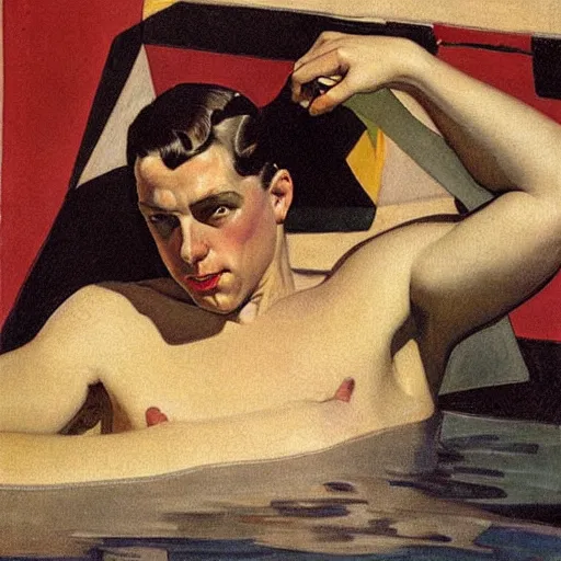 Image similar to portrait of a man swimming in a pool in california, by j. c. leyendecker, tamara de lempicka