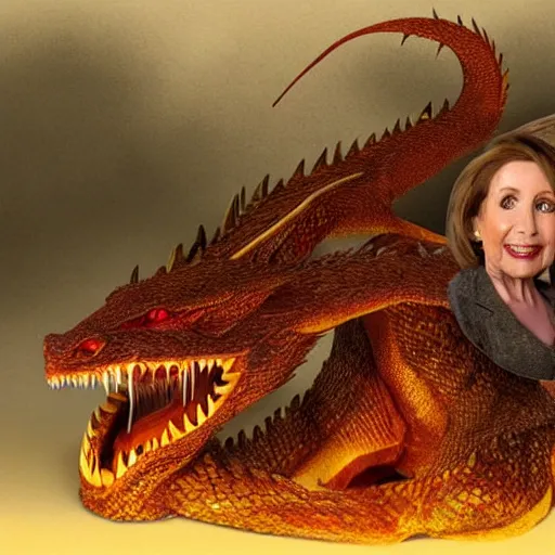 Image similar to digital rendering of Smaug the dragon from the Hobbit movies with the head of Nancy Pelosi, guarding her pile of treasure