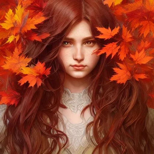 Image similar to girl with super long hair, hair becoming autumn red leaves, intricate, highly detailed, digital painting, artstation, concept art, smooth, sharp focus, illustration, unreal engine 5, 8 k, art by artgerm and greg rutkowski and alphonse mucha