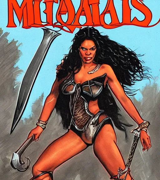 Image similar to 1 9 8 0 s fantasy novel book cover, amazonian rosario dawson in extremely tight bikini armor wielding a cartoonishly large sword, exaggerated body features, dark and smoky background, low quality print