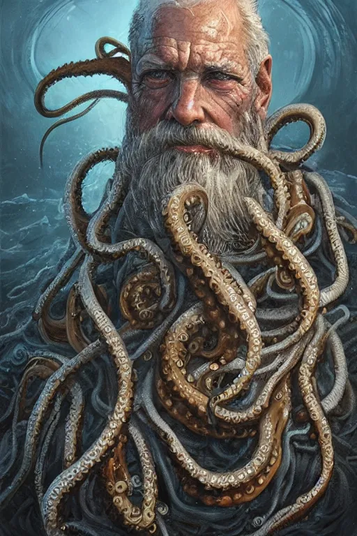 Image similar to portrait of an old fisherman with tentacles growing on him, eldritch, d & d, face, fantasy, intricate, elegant, highly detailed, digital painting, artstation, concept art, smooth, sharp focus, illustration, art by greg rutkowski