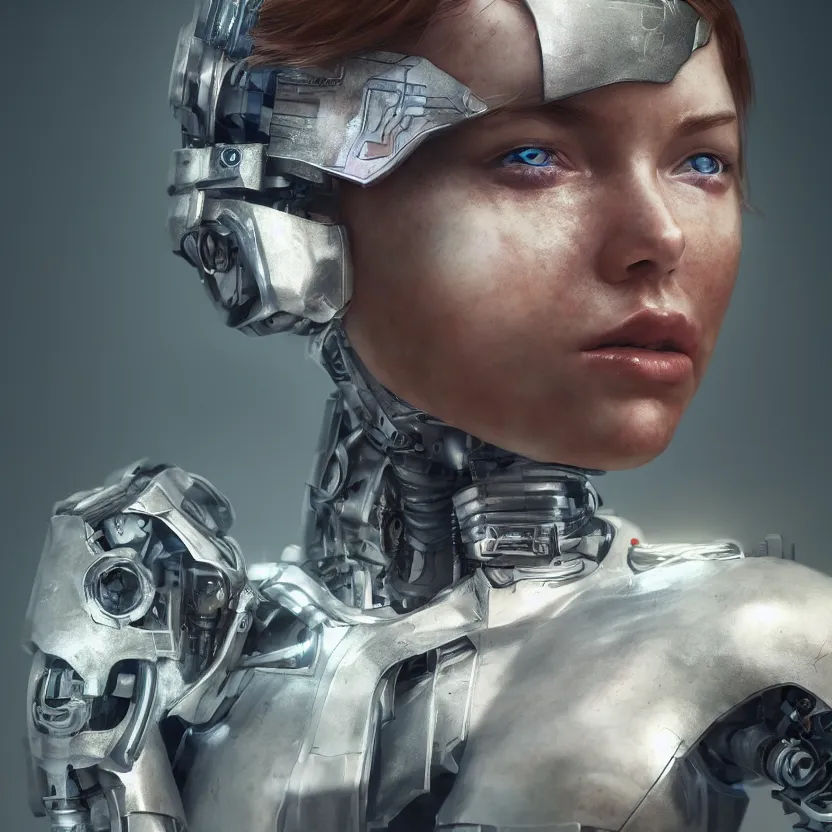 Image similar to hyperrealistic mixed media photo of a cyborg girl, dim volumetric lighting, 8 k octane beautifully detailed render, post - processing, portrait, epic composition, cinematic lighting, masterpiece, trending on artstation, very very detailed, stunning